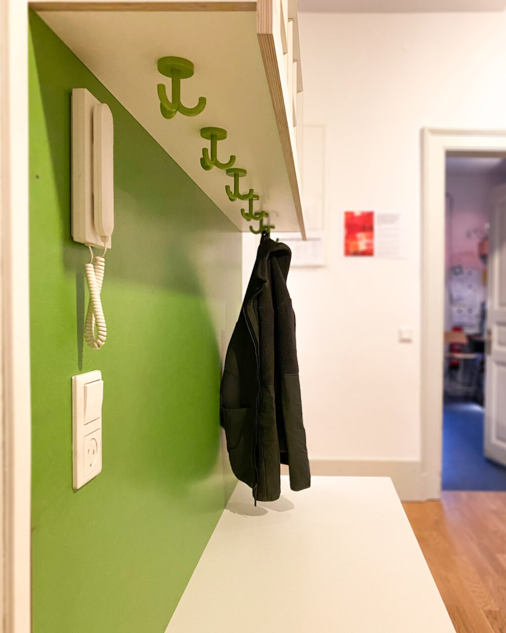 Garderoben-Haken bieten Platz zum Lüften und Trocknen Lichtschalter und Gegensprechanlage sind in die freundliche grüne Rückwand eingelassen